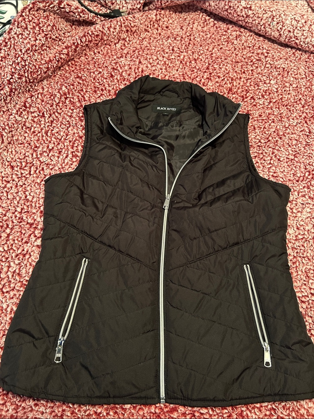 Black Rivet Black Quilted Puffer Vest with Silver Zippers